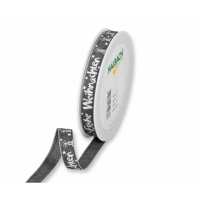 20 m Dekoband FROHE WEIHNACHTEN, 15 mm, grau