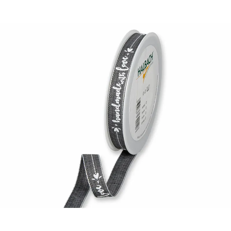 20 m Dekoband HANDMADE WITH LOVE, 15 mm, grau