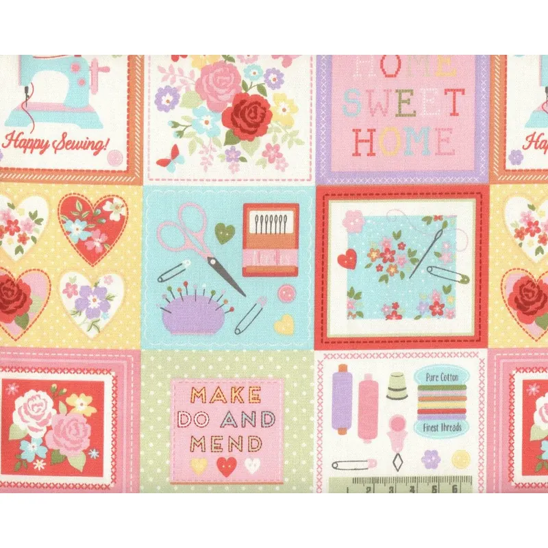 30-cm-Rapport Englischer Dekostoff Clarke & Clarke CRAFTWORK, Nähutensilien, rosa-hellblau
