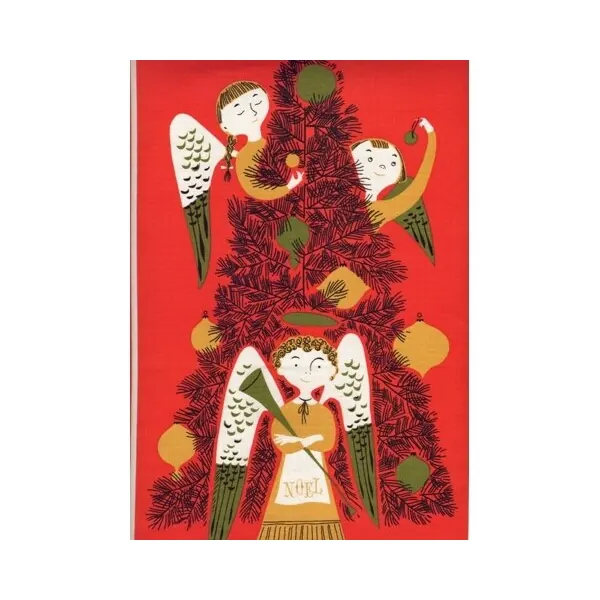 30-cm-Rapport Leinen-Baumwoll-Patchwork "Tammis Angels" mit großen Weihnachtsengeln, rot-olive