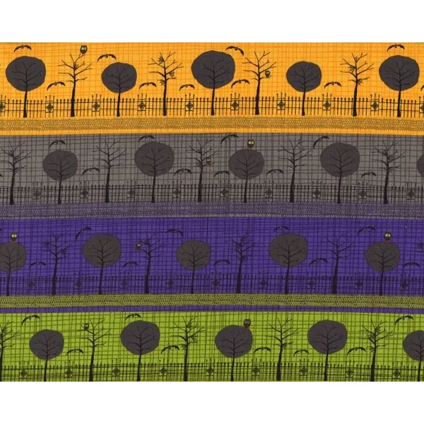 30-cm-Rapport Patchworkstoff "Eerie Alley" mit Baumreihen, Fledermäusen und Eulen, maisgelb-lila-grau