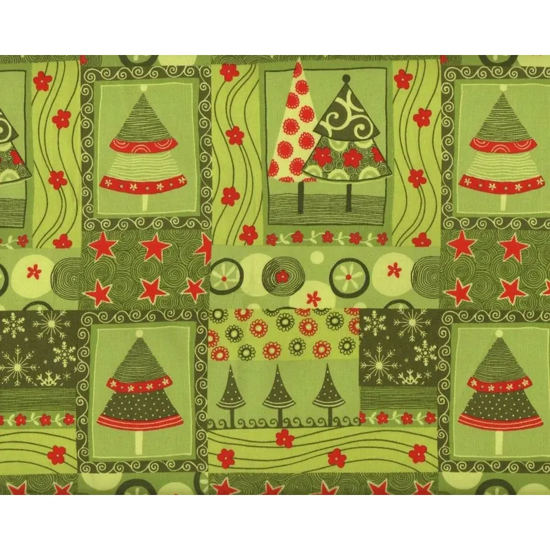 30-cm-Rapport Patchworkstoff FROSTY SEASON mit Weihnachtsbäumen, dunkles grasgrün-rot