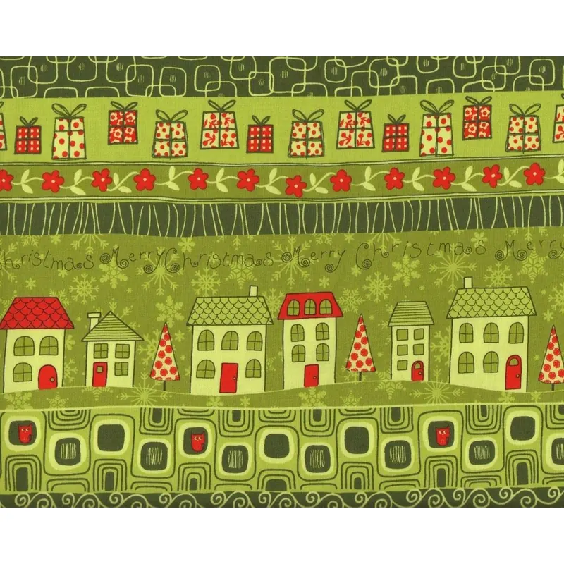 30-cm-Rapport Patchworkstoff FROSTY SEASON mit Weihnachtsstadt, dunkles grasgrün-rot