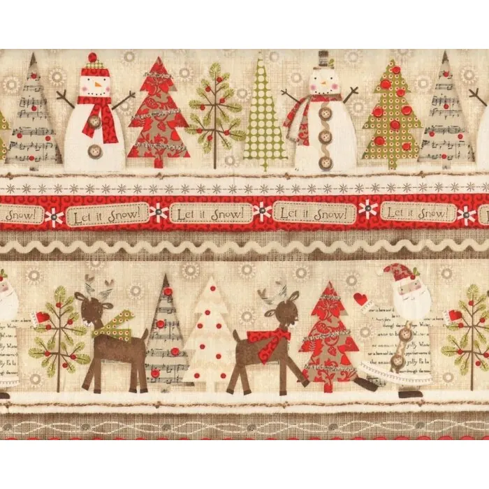 30-cm-Rapport Patchworkstoff HOLIDAY STITCHES, Let it Snow, hellbraun-rot
