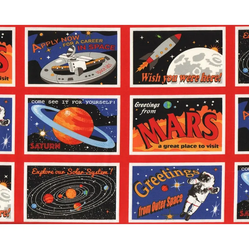 30-cm-Rapport Patchworkstoff SPACEWALK, Weltall-Postkarten, schwarz-rot
