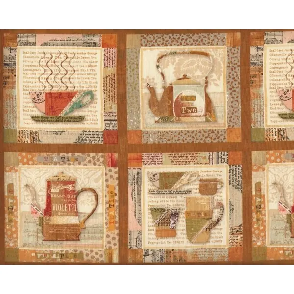 30-cm-Rapport Patchworkstoff "Teapot" mit Teekannen im Rahmen mit Schrift und Noten, hellbraun