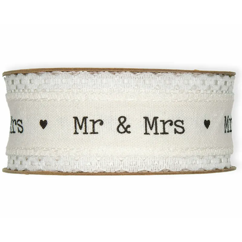 5 m Leinen-Baumwollband MR & MRS mit Spitzenabschluss, 40 mm, wollweiß