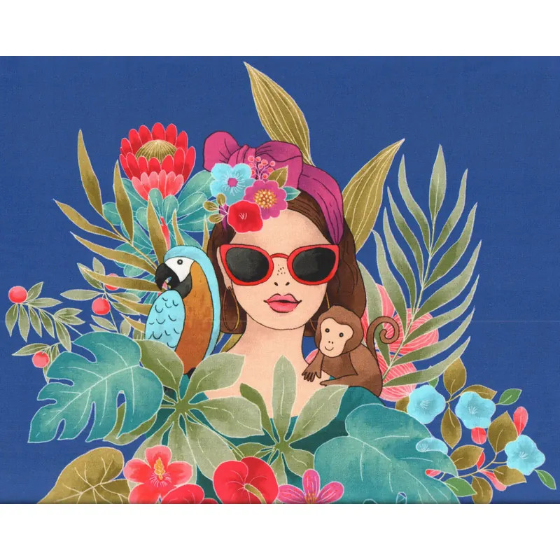 60-cm-Panel Sweatstoff TROPICAL QUEEN, Frau mit Blumen, Hilco