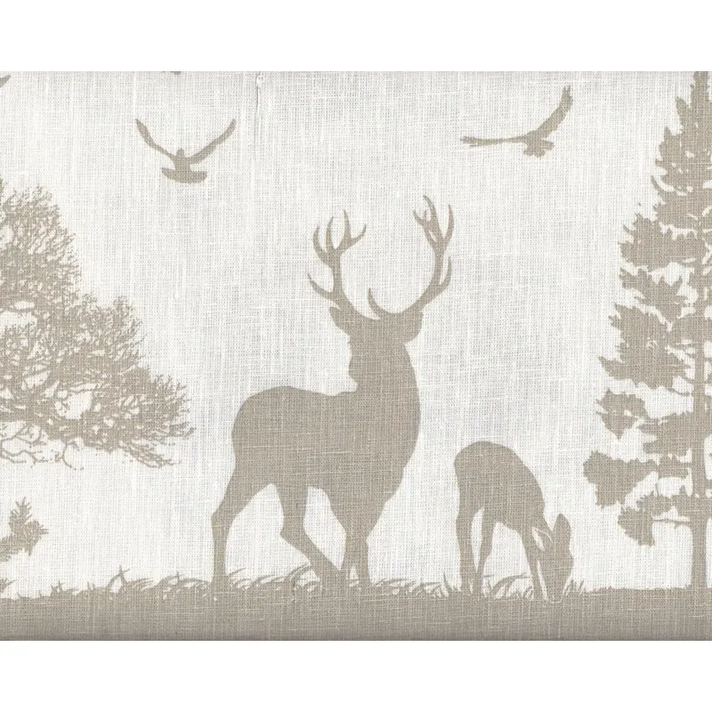 60-cm-Rapport Leinen-Dekostoff FUTAIE, Hirsche im Wald, wollweiss-natur