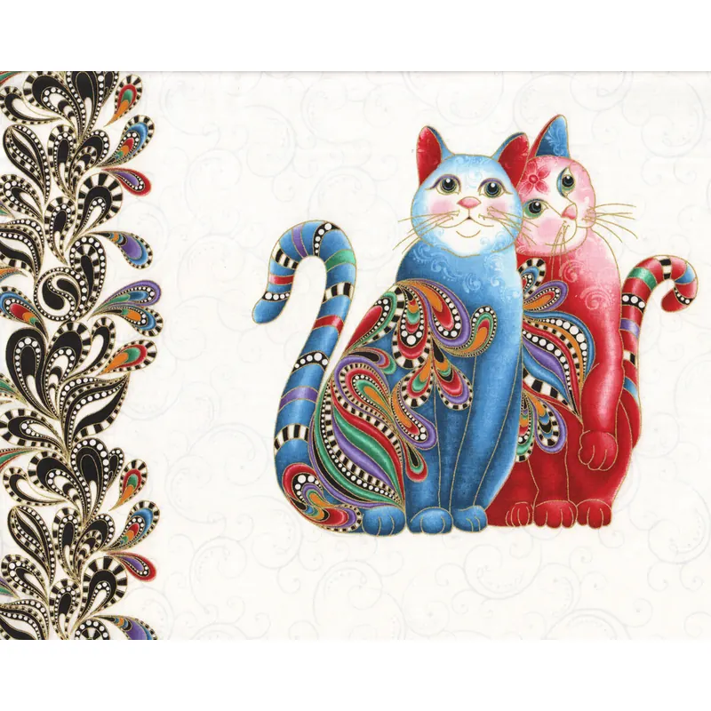 60-cm-Rapport Patchworkstoff CAT-I-TUDE, Katzen mit Bordüre, weiß-gold