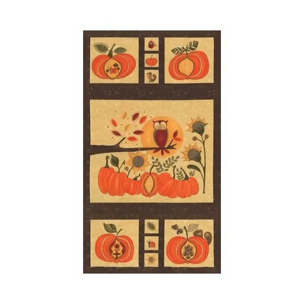 60-cm-Rapport, Patchworkstoff HELLO FALL, Panel mit Kürbis und Eule, orange-braun, Moda Fabrics