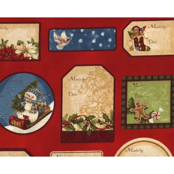 60-cm-Rapport Patchworkstoff HOLLY JOLLY CHRISTMAS mit Weihnachts-Etiketten, dunkelrot