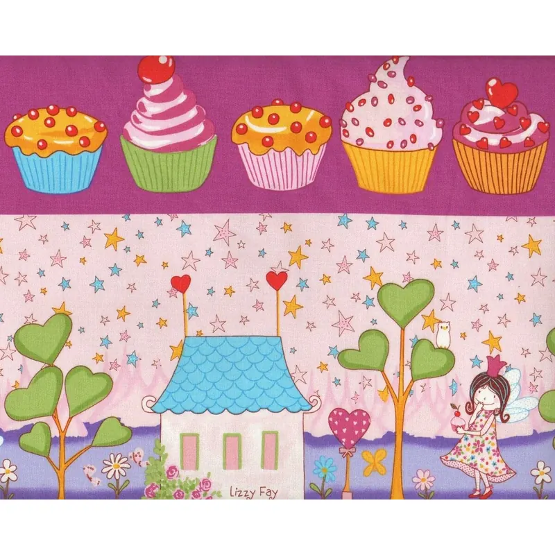 60-cm-Rapport Patchworkstoff LIZZY FAY, Elfen, Muffins und Etiketten, fuchsia