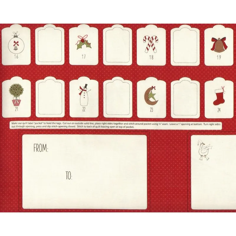 60-cm-Rapport Patchworkstoff MISTLETOE LANE, Anhänger für Adventskalender, dunkelrot-wollweiß, Moda Fabrics