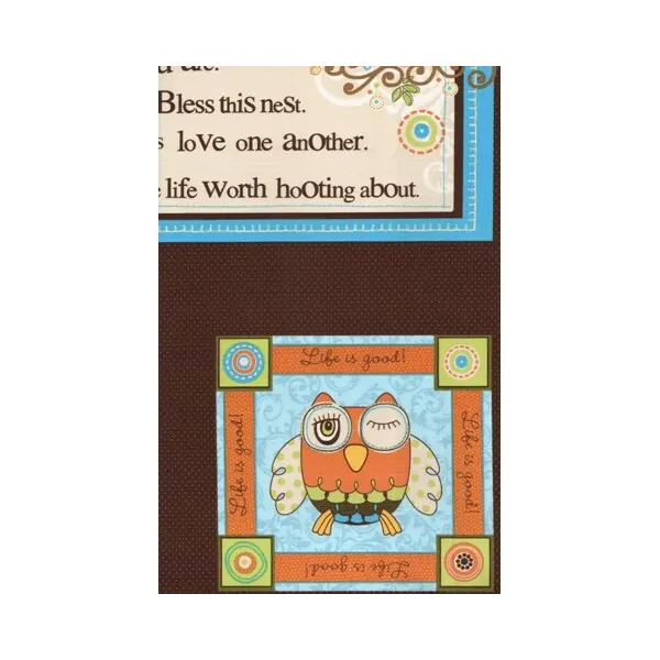 60-cm-Rapport Patchworkstoff "Owl Panel" mit Eulen und Schrift, hellgrün-hellblau-dunkelbraun