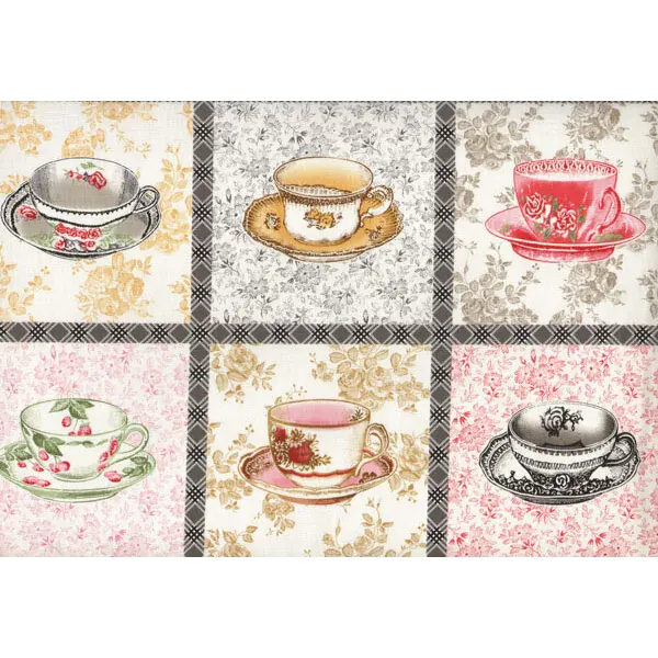 60-cm-Rapport Patchworkstoff "Penelope" mit nostalgischen Sammeltassen, creme-schwarz-pastellrot