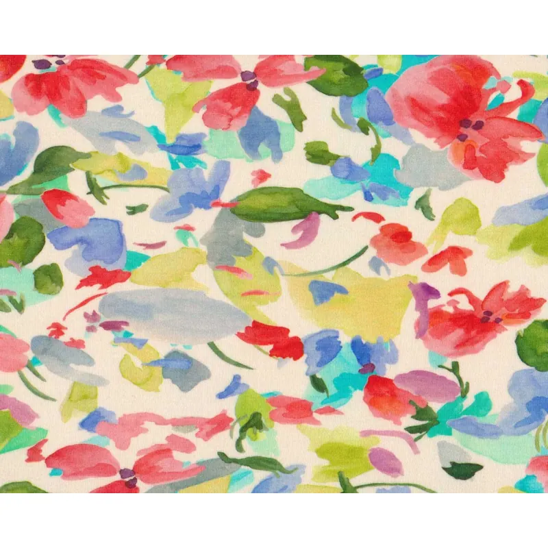 60 cm Reststück Designer Viskosejersey BALENCIA, Aquarell-Mohnblumen, rot-blau