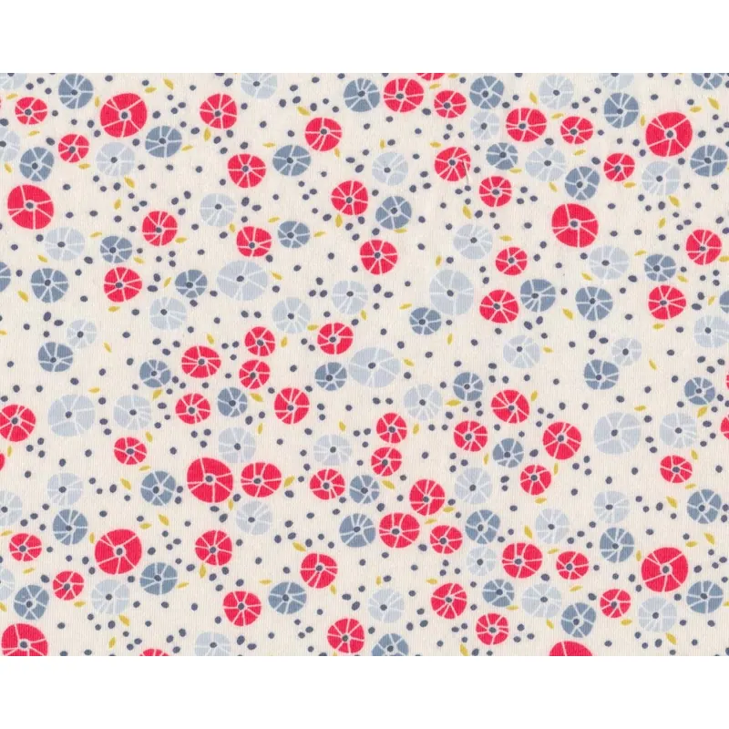 80 cm Reststück Baumwolljersey CHARLESTON, Kreis-Blumen, wollweiß-rot