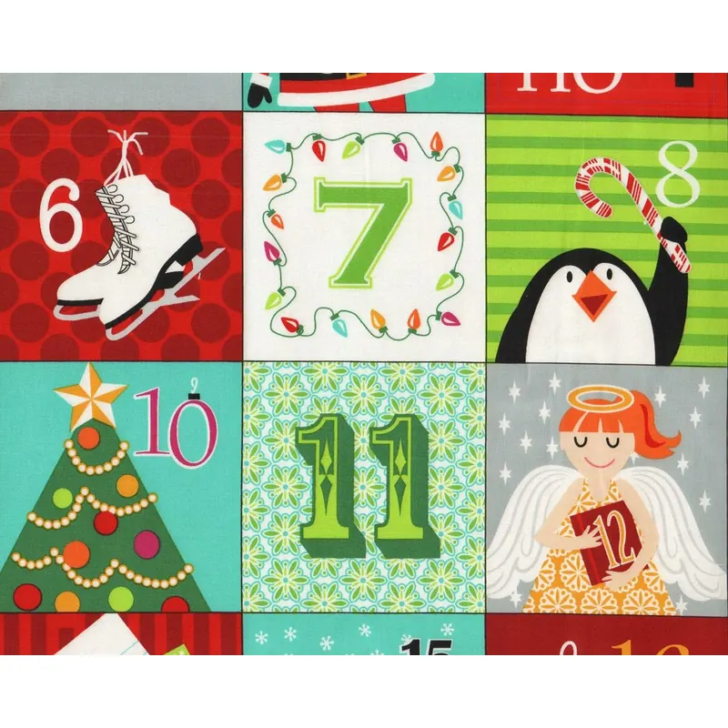 90-cm-Patchworkstoff-Abschnitt, Adventskalender A CHRISTMAS WISH, Weihnachtsfiguren, weiß-hellgrün