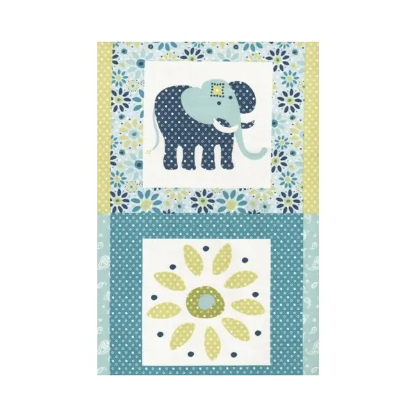 90-cm-Rapport Patchworkstoff "Karma Baby", gemusterte Rahmen mit Elefanten und Vögeln, lindgrün-petrol