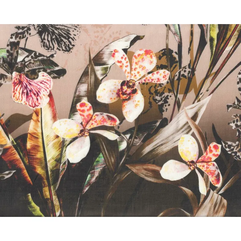 95-cm-Rapport Feines Reinleinen mit Digitaldruck, Ramie ORCHIDAS, Orchideen, braun-gelb