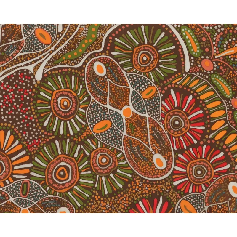 Australischer Patchworkstoff BUSH TUCKER AFTER RAIN, Punkte-Blüten-Design, goldgelb-braun