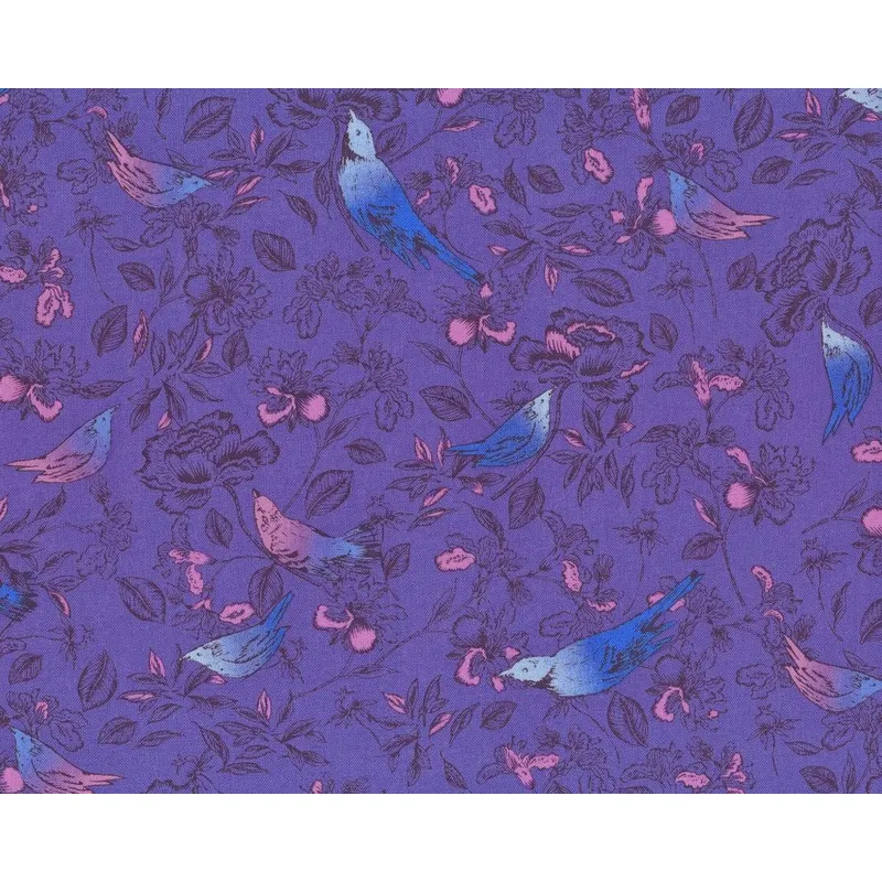 B-Ware Bio-Patchworkstoff BIRD & FLOWER, Vögel auf Rosenzweigen, lila-aquablau, Jane Makower