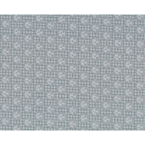B-Ware Patchworkstoff "Prairie Rose" mit Blumenmedaillons auf Karogittergrund, grau-helles blaugrau