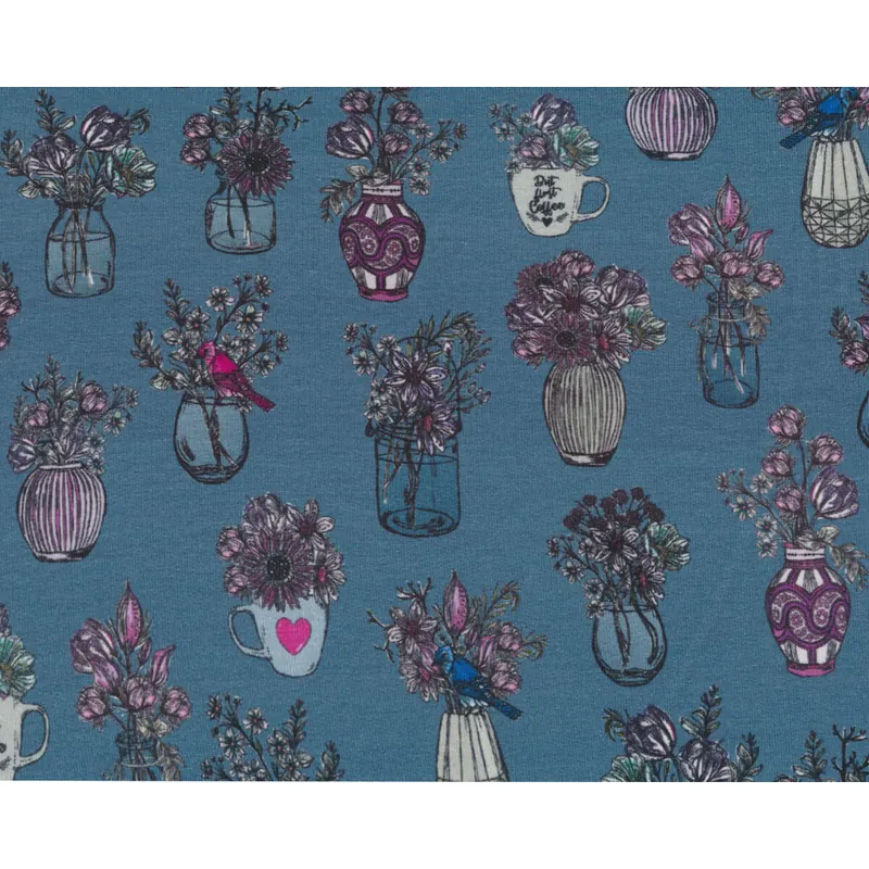 B-Ware Sweatstoff French Terry ALL MY FLOWERS, Blumenvasen, jeansblau, Lila Lotta