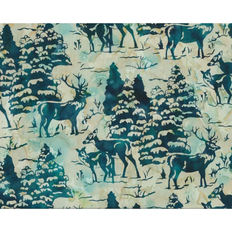 Batik Patchworkstoff BALI WATERFALLS, handgefärbt, Hirsch im Winterwald, kräftiges petrol-hellbeige