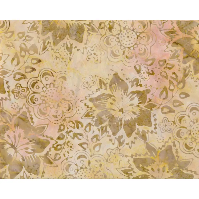 Batik-Rückseitenstoff STICKS & STONES BATIKS, Ornamentblüten, gelbolive-lachsrosa, Moda Fabrics