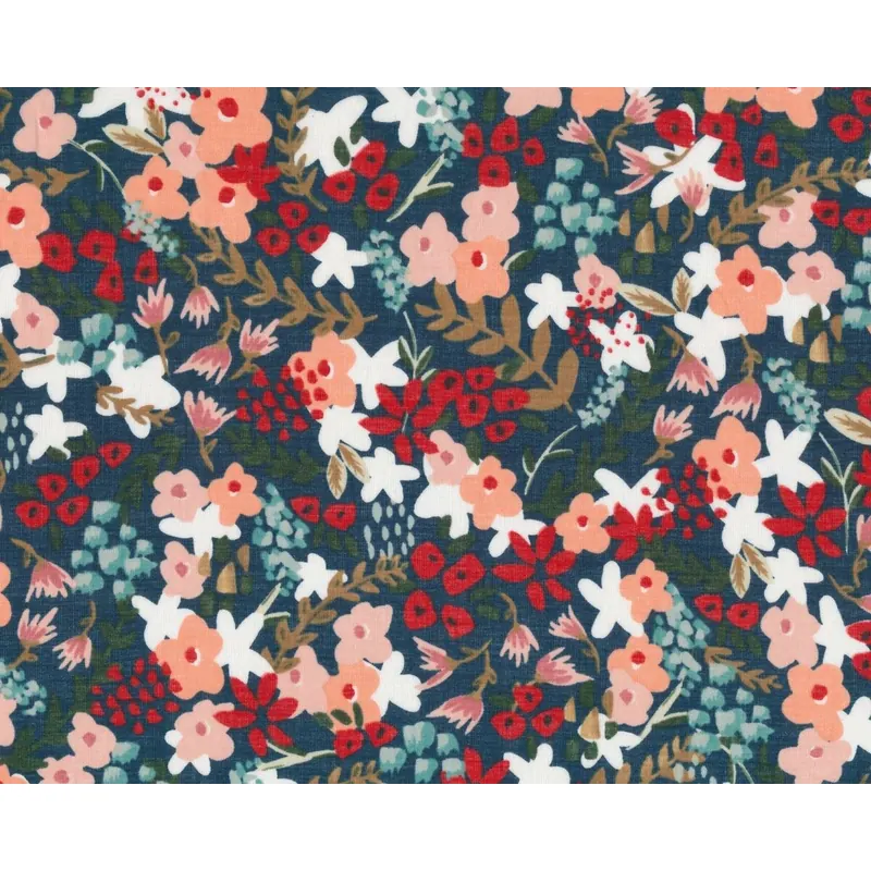 Batist, Organic Cotton FROLIC, Wiesenblumen, dunkelblau-aprikot
