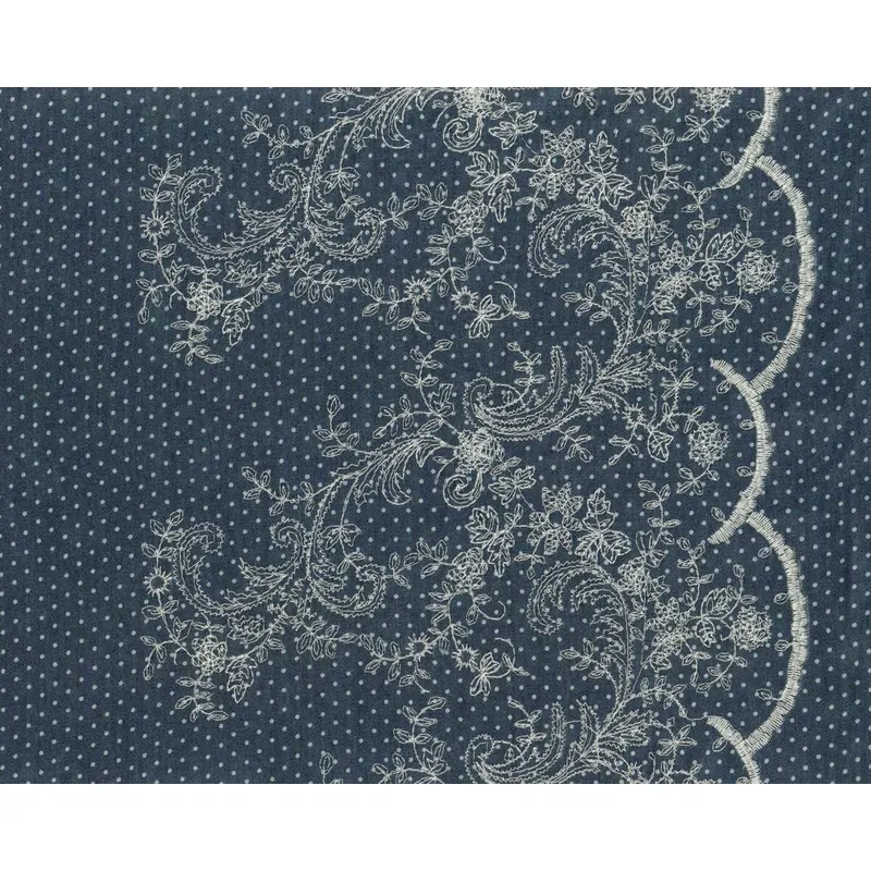 Baumwoll-Jeansstoff mit Stickerei BORDÜRE, Blütenranken auf Punkten, jeansblau