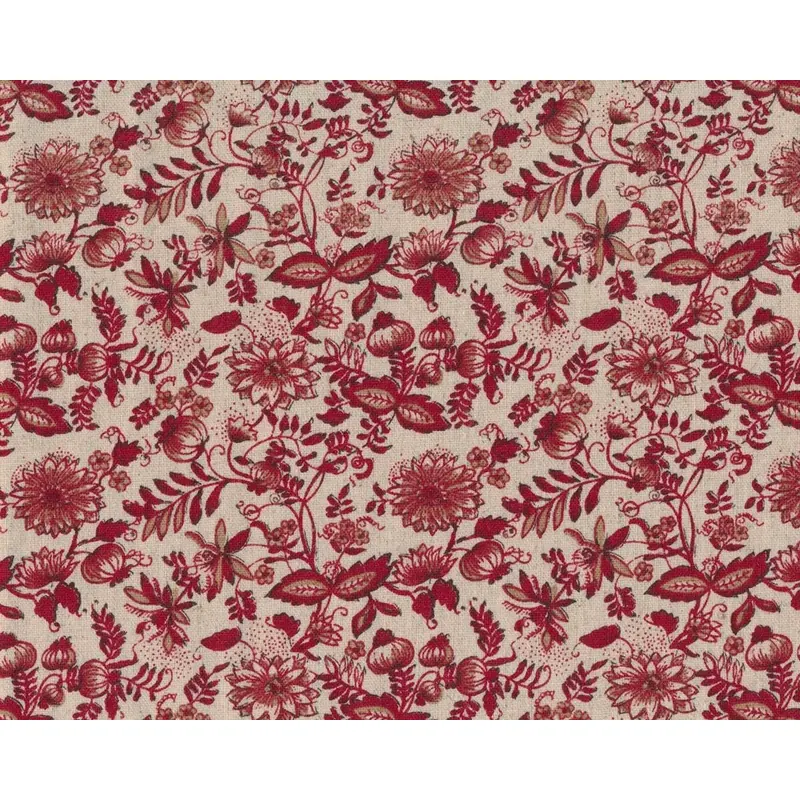 Baumwoll-Leinen-Patchworkstoff BON VOYAGE, Lampion-Blüten-Zweige, natur dunkel-dunkelrot, Moda Fabrics