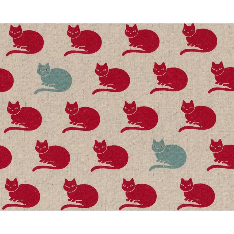 Baumwoll-Leinen-Patchworkstoff NECO, sitzende Katzen, natur-rot, Moda Fabrics