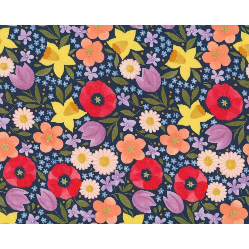 Baumwoll-Popeline EMILIE, Blumen, dunkelblau, Hilco