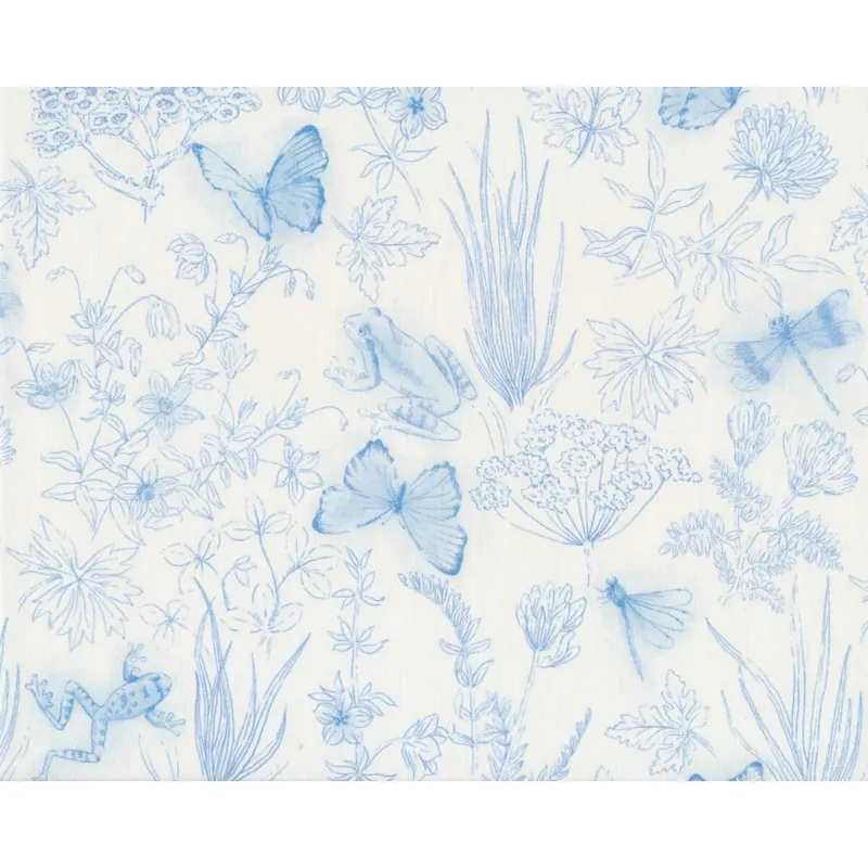 Baumwoll-Popeline EMILIE, Frosch und Schmetterling, wollweiß-hellblau, Hilco
