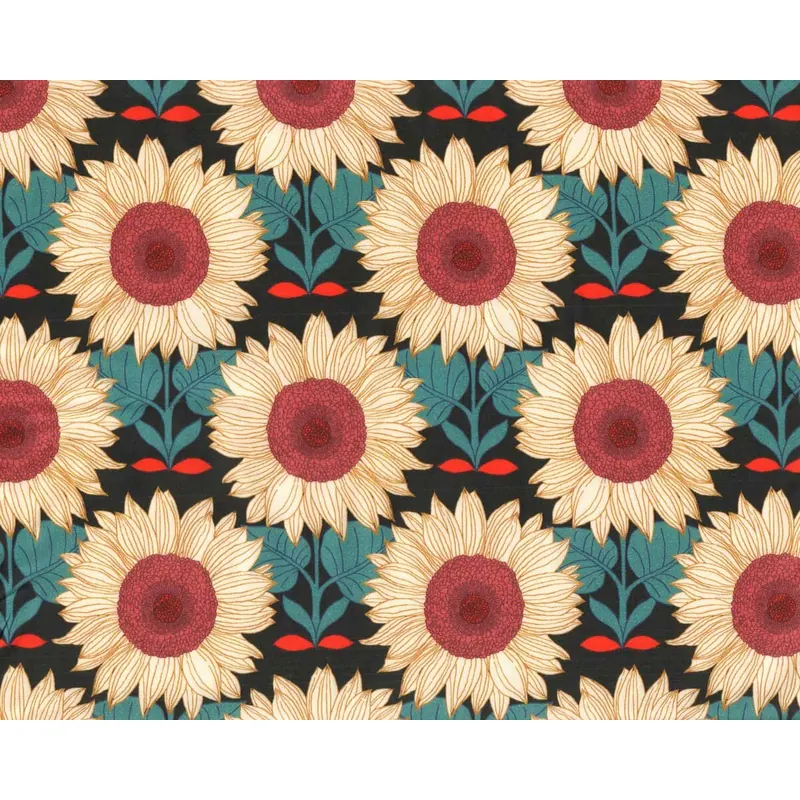 Baumwoll-Popeline EMILIE, Sonnenblume, petrol-dunkelrot, Hilco