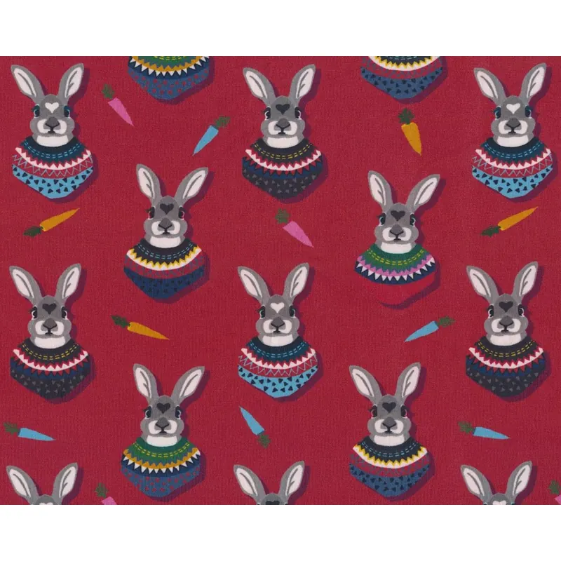 Baumwolljersey AUTUMN BUNNY, Hasen mit Pullover, dunkelrot-grau