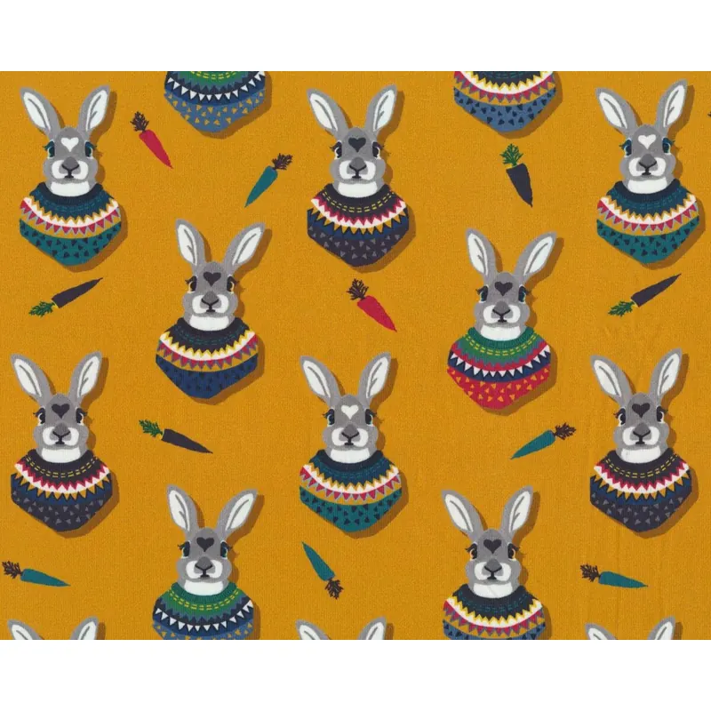 Baumwolljersey AUTUMN BUNNY, Hasen mit Pullover, goldbraun-grau