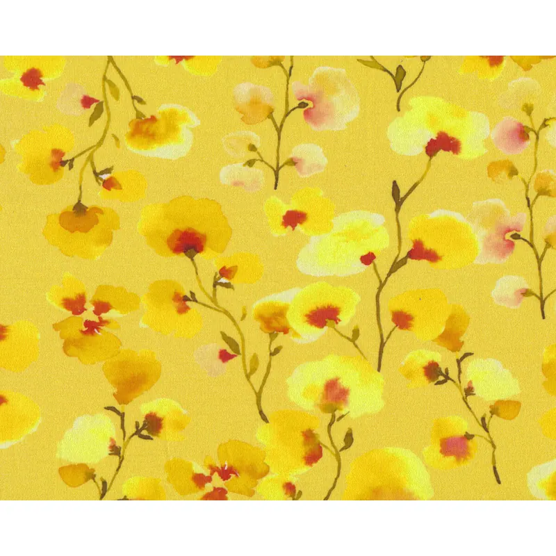 Baumwolljersey AVALANA AKVAREL, Aquarell-Blumen, gelb