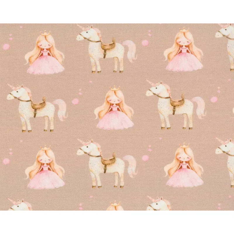 Baumwolljersey BELLE, Prinzessin und Einhorn, beigegrau, Hilco
