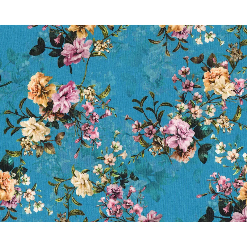 Baumwolljersey FLOWERS, Blumenranken, petrolblau