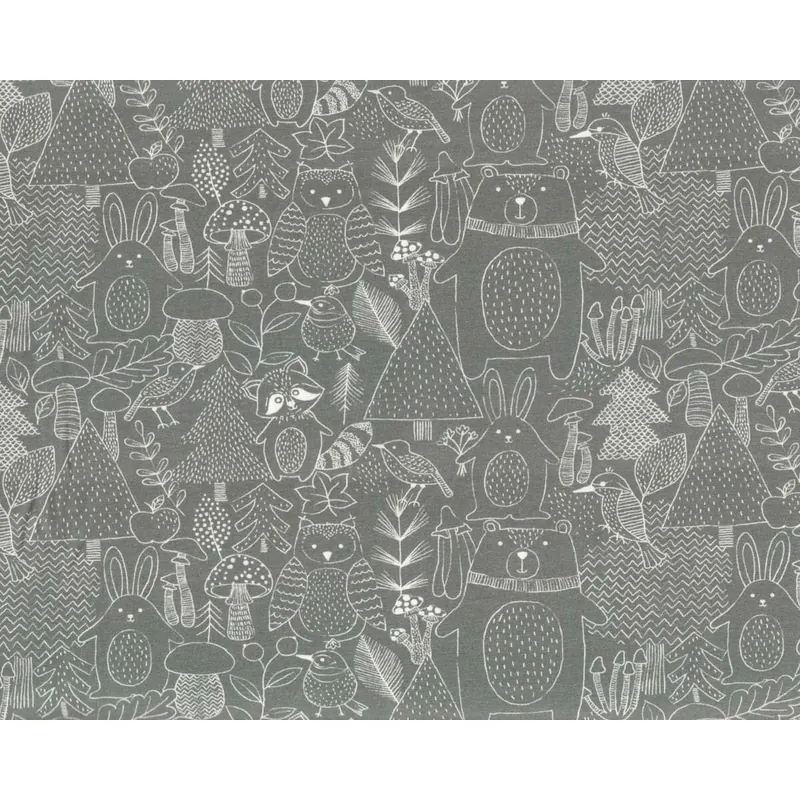 Baumwolljersey FORREST ANIMAL, Waldtiere, grau, Hilco
