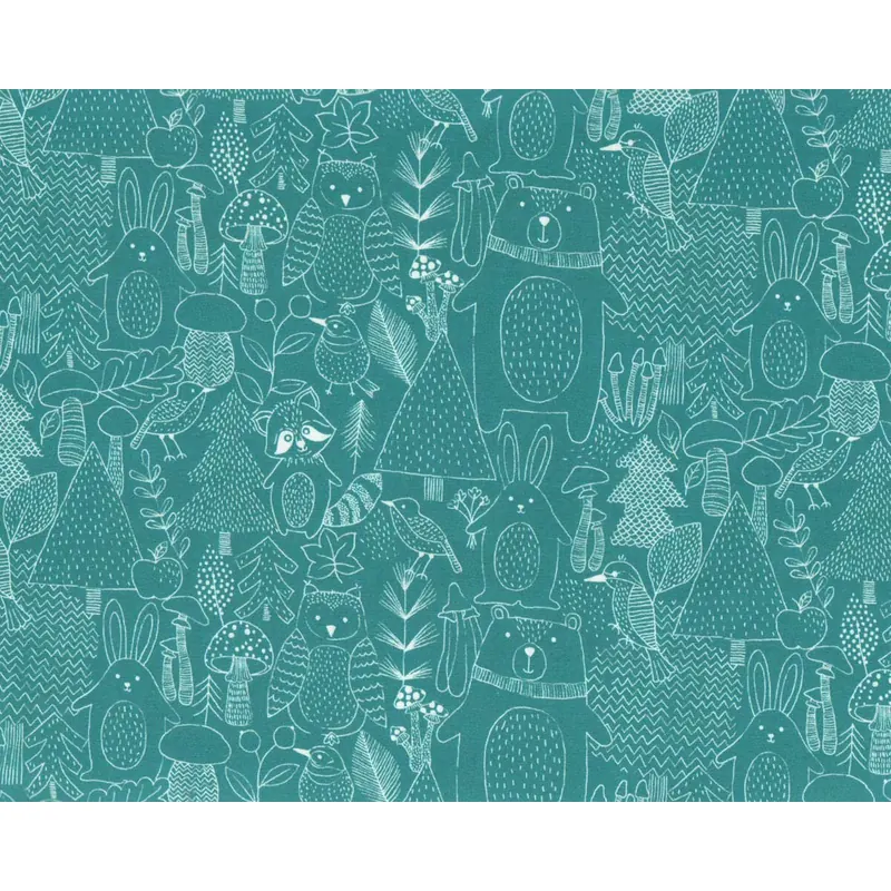 Baumwolljersey FORREST ANIMAL, Waldtiere, petrol, Hilco