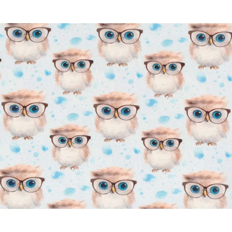 Baumwolljersey HEDWIG, Eulen mit Brillen, hellblau, Hilco