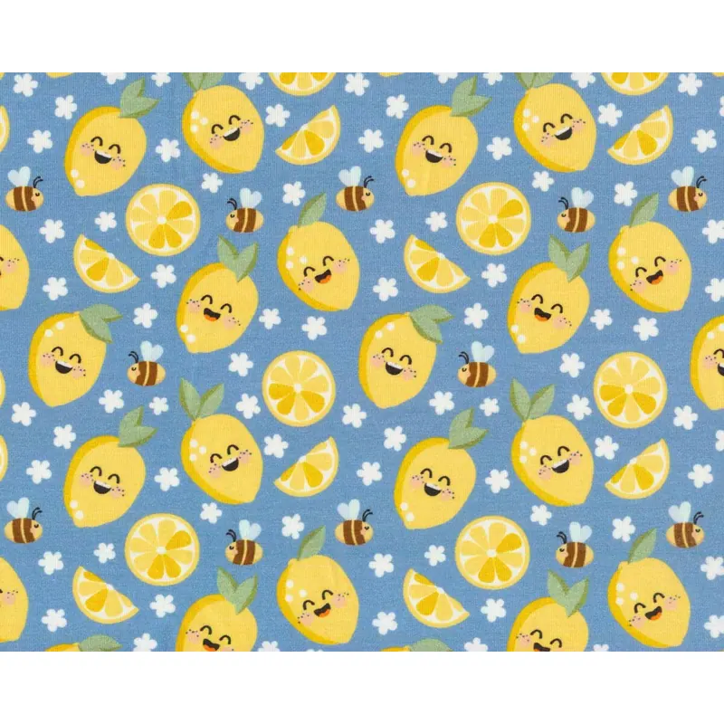 Baumwolljersey HELLO LEMON, Zitronen, taubenblau, Hilco