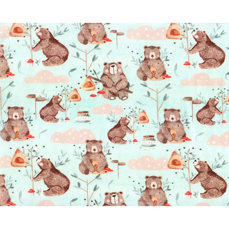 Baumwolljersey HONEY BEAR, Bär mit Honig, hellblau-braun, Hilco