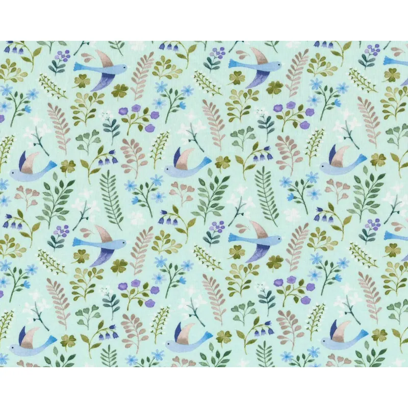 Baumwolljersey LITTLE SPRING SWALLOW, Vögel und Gräser, mint