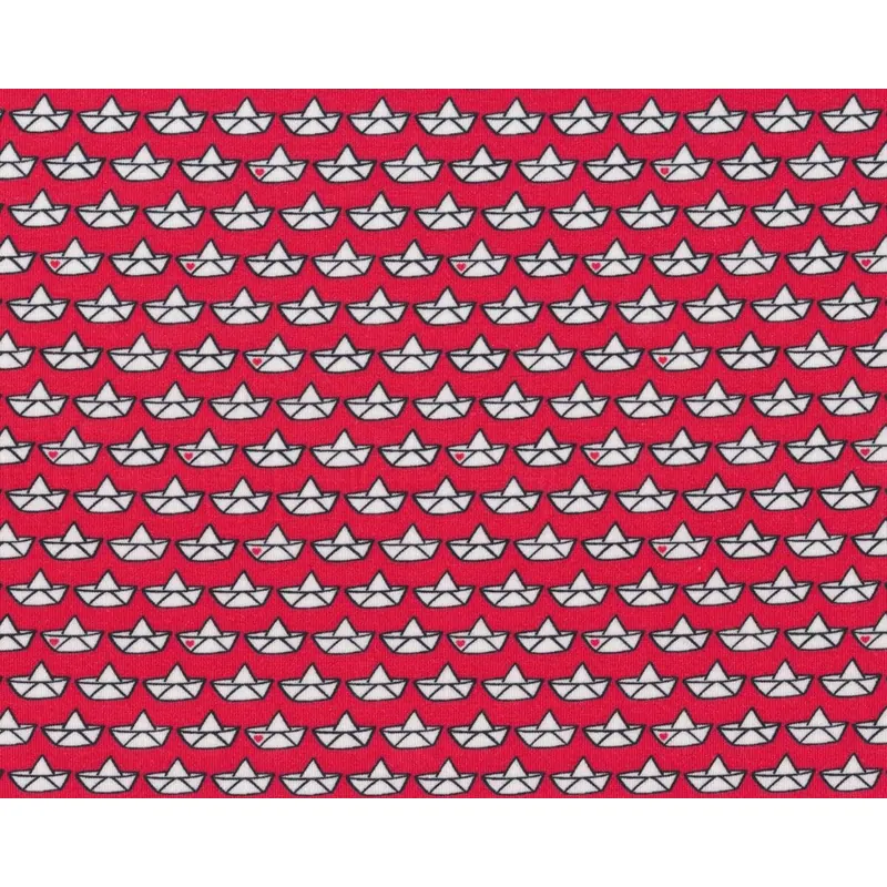 Baumwolljersey LOVEBOAT CLASSIC, Papierboote mit Herz, rot-weiß